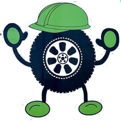 The One Stop tire mascot in a green hard hat, from the sign painted on the shop wall